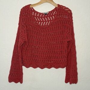 American Eagle M Open Crochet Sweater Crop Coral-Red Bell Sleeve Boho Hippie
